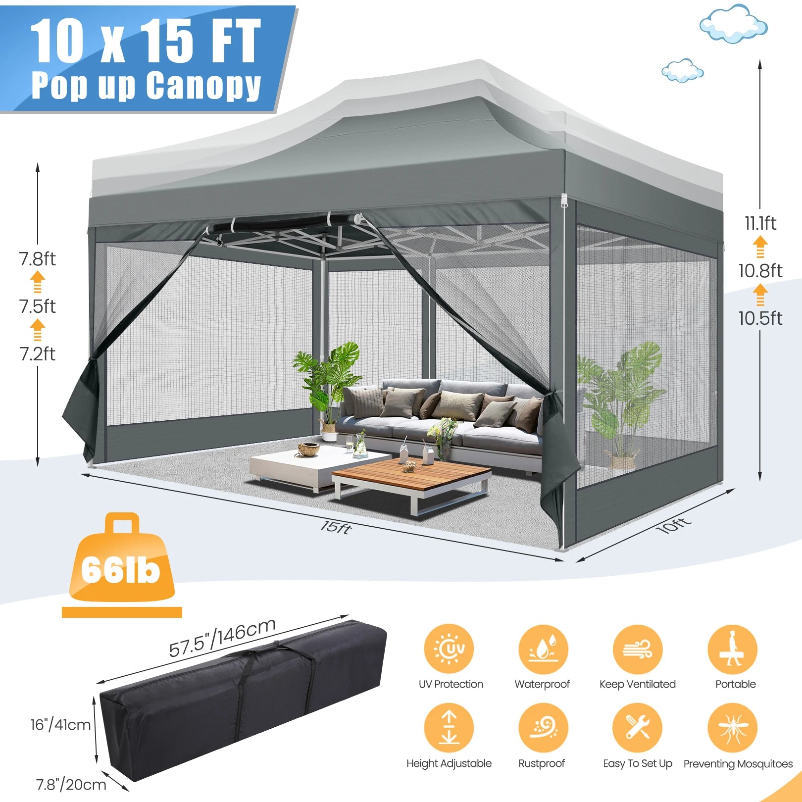 10x15 FT Heavy Duty Pop Up Canopy