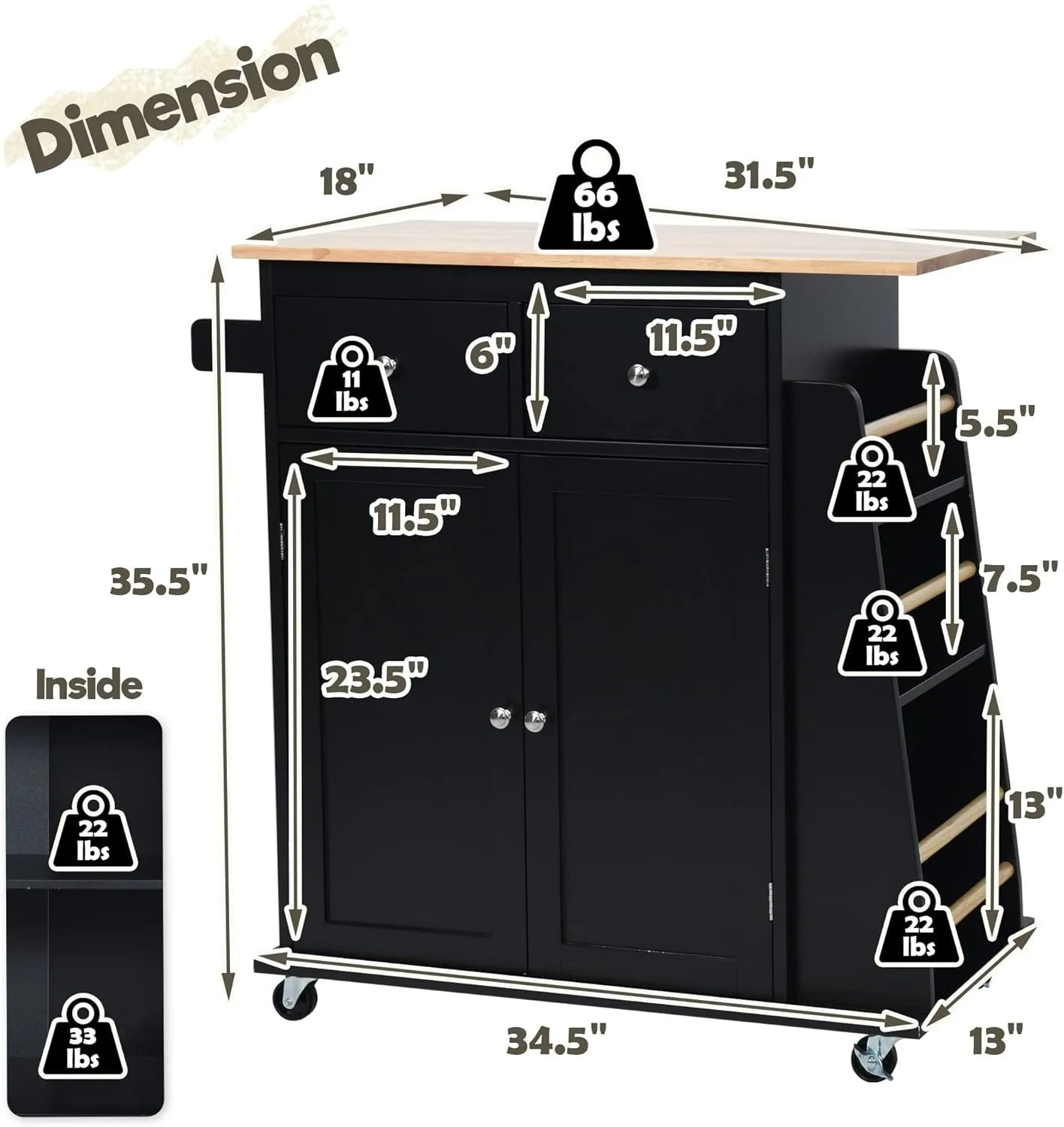 Kitchen Island, Rolling Kitchen Storage Cart
