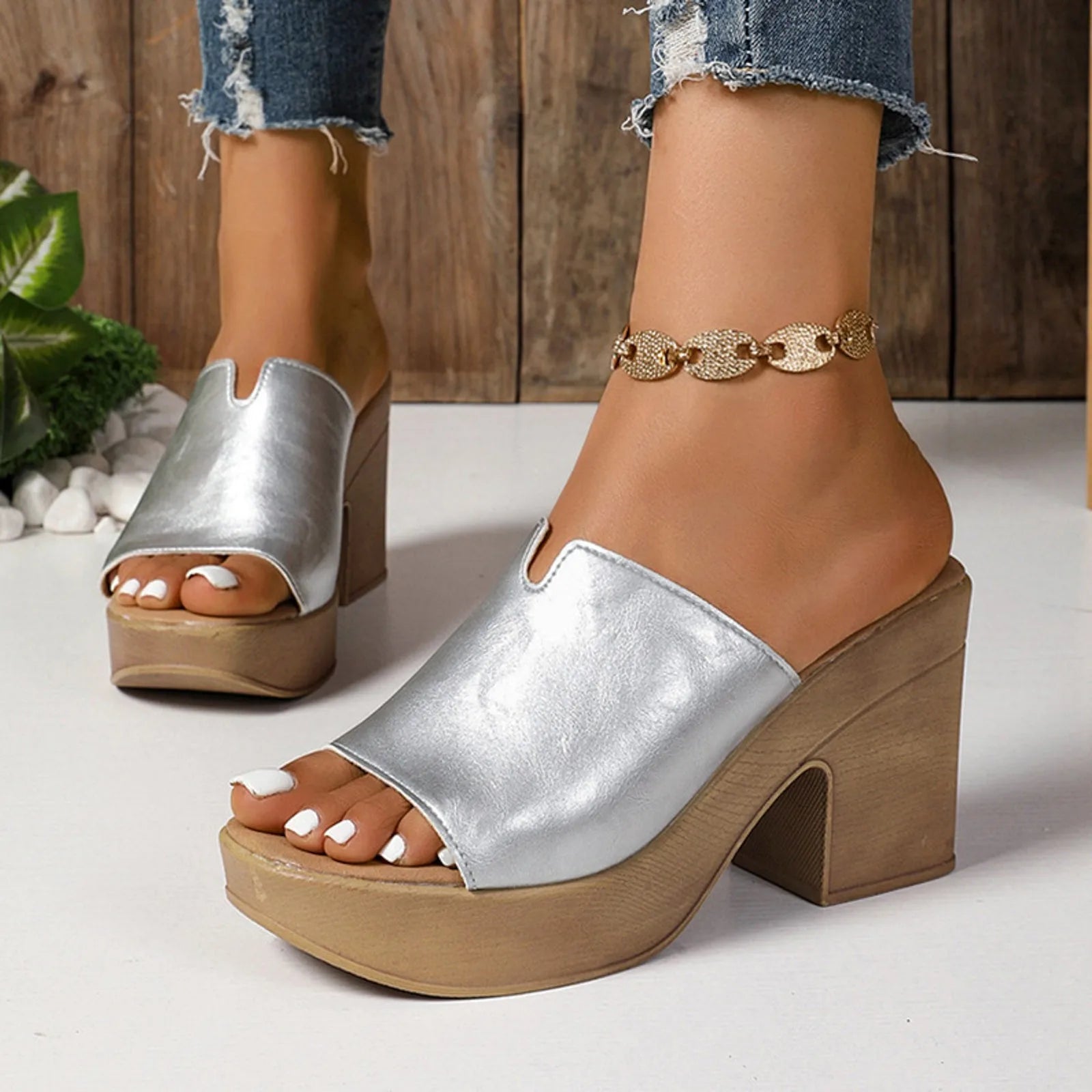 Leather Square Heel Sandals