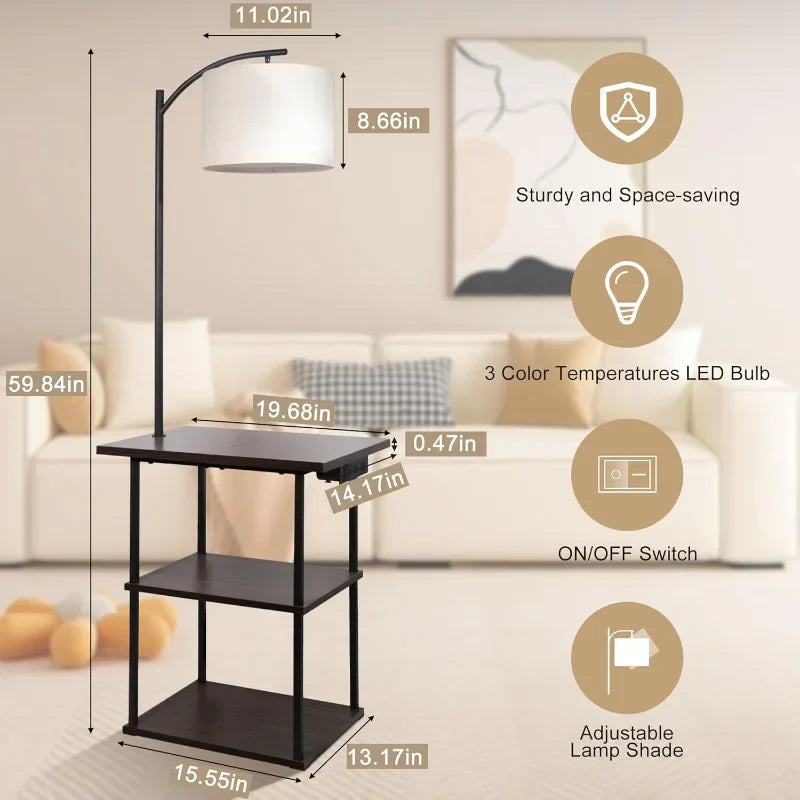 Floor Lamp with Table, End Table with Charging Station