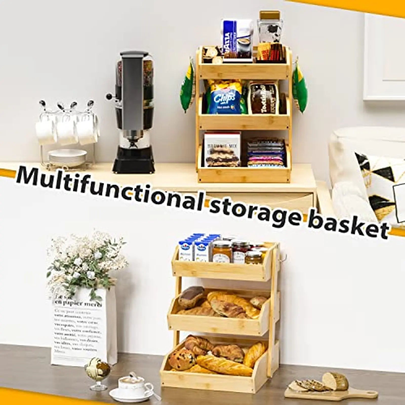 Bamboo 3 Tier Fruit Bowl with 2 Banana Hangers