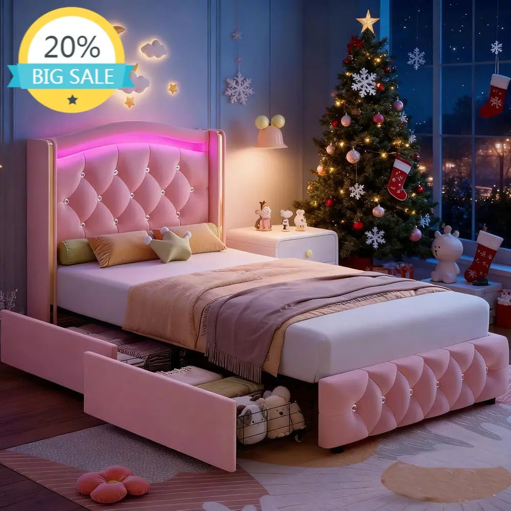 Twin Size Pink Velvet Upholstered Bed