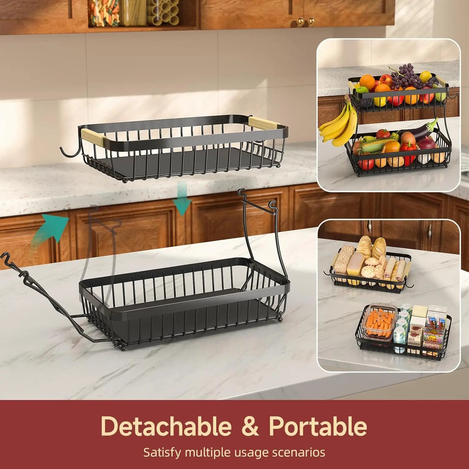 2-Tier Large Fruit Basket with Mobile Banana Hangers