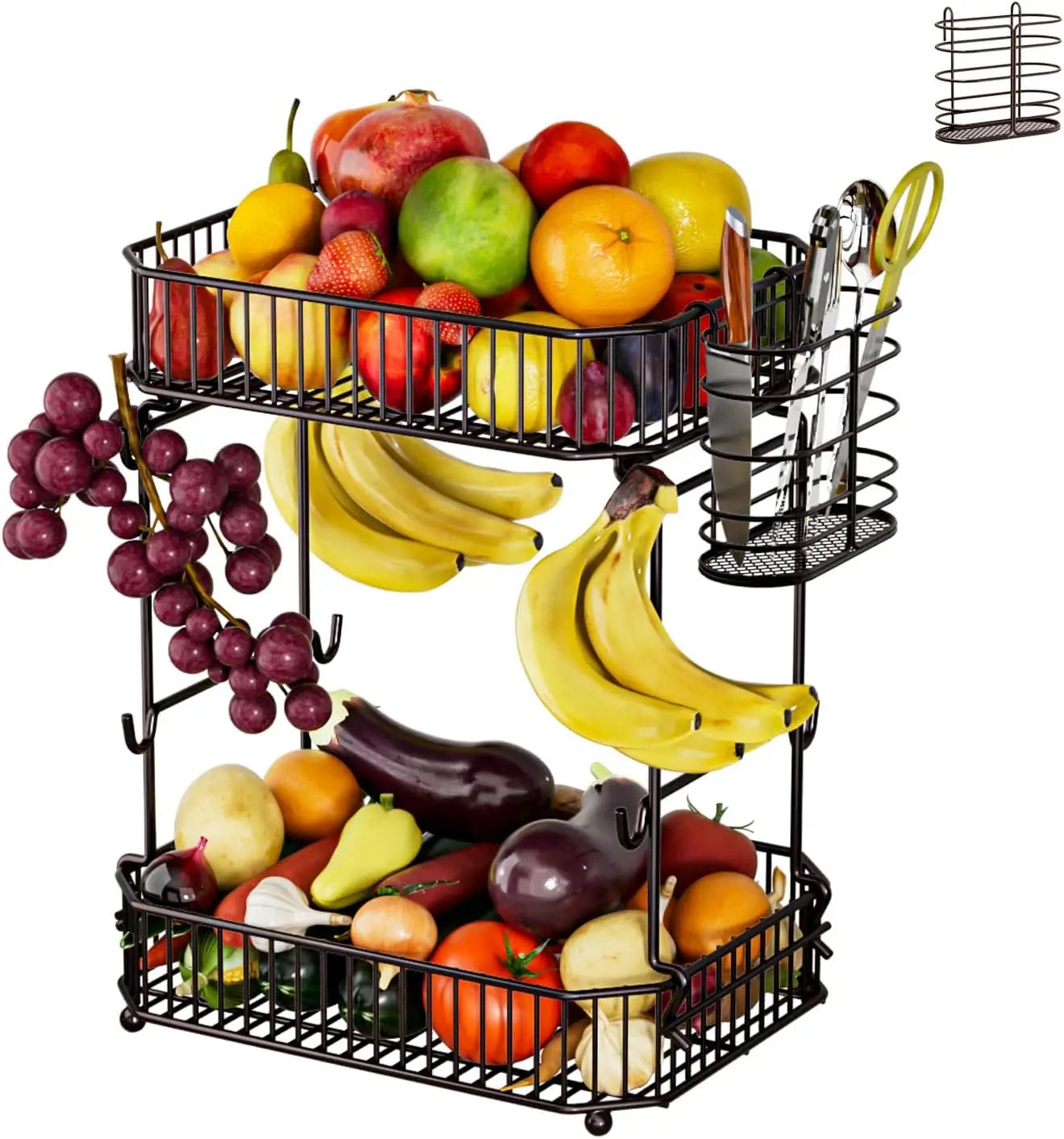 Heavy 2-Tier Fruit Basket with Side Storage