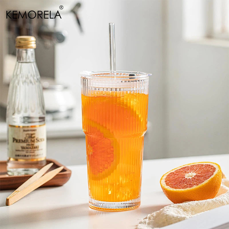 Ribbed 20 oz Glass Tumblers with Lids & Straws