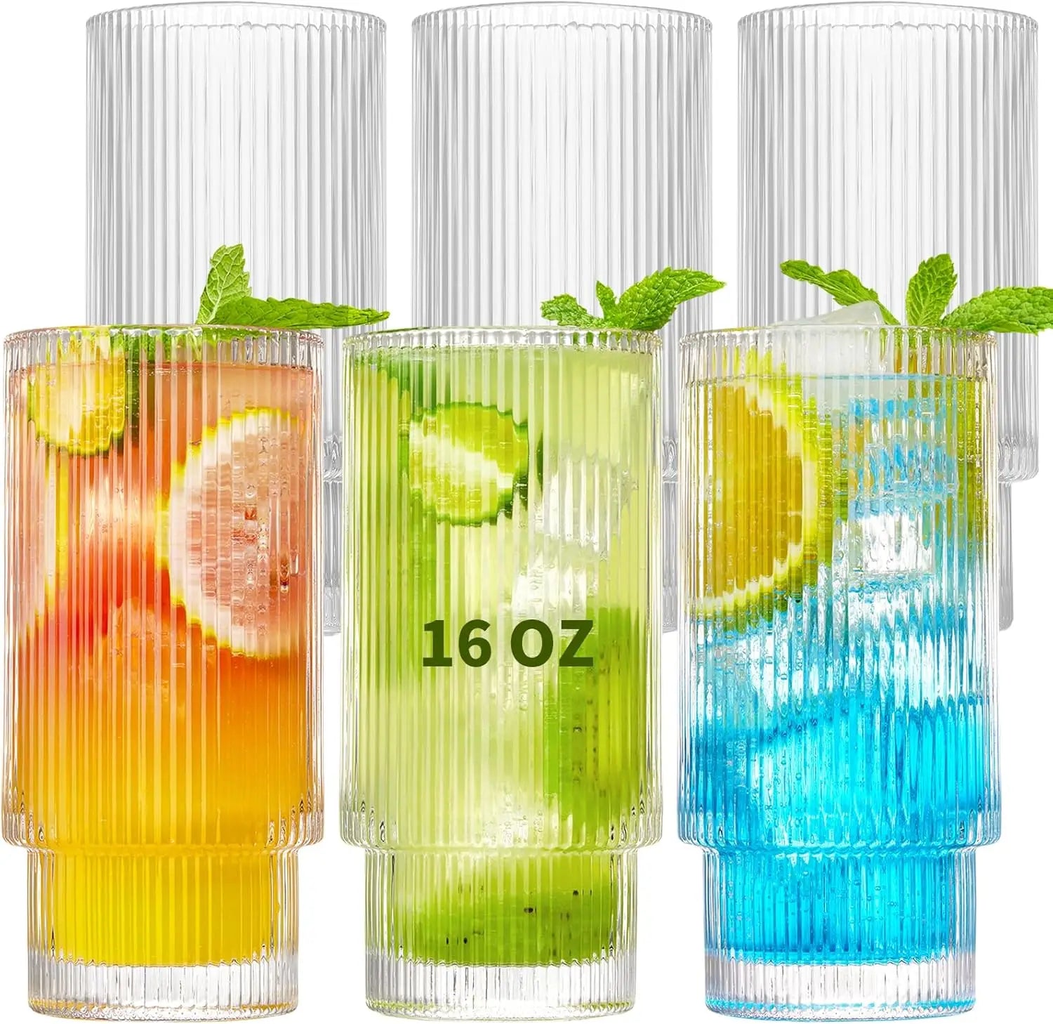 Ribbed  16 oz Highball Drinking Glasses