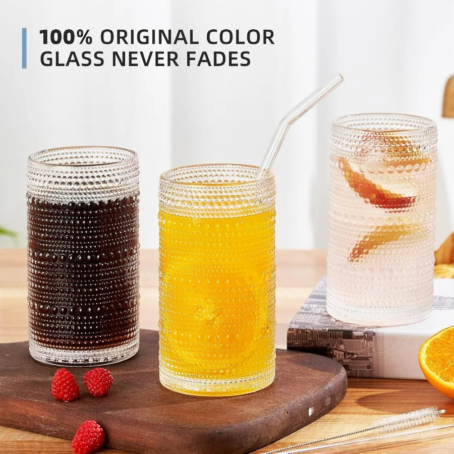 Embossed Clear 16 oz Drinking Glasses Set of 12