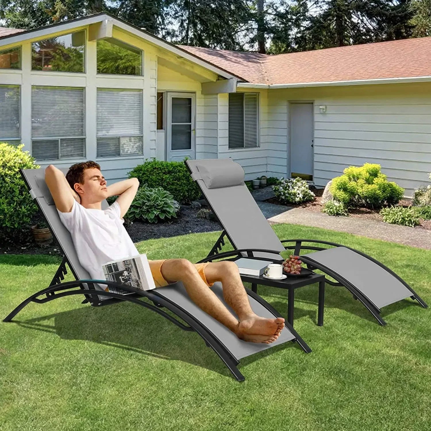 Aluminum Lounge 3Pcs Chair Table Chaise Outdoor