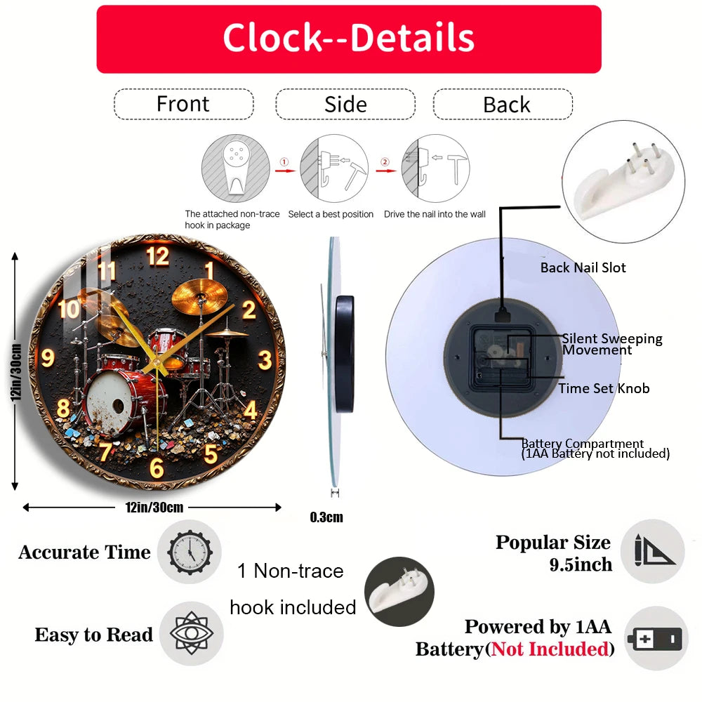 Glass Wall Clock Drum Set Clock