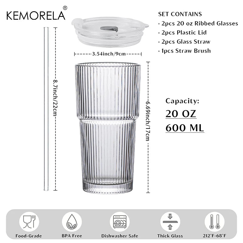 Ribbed 20 oz Glass Tumblers with Lids & Straws
