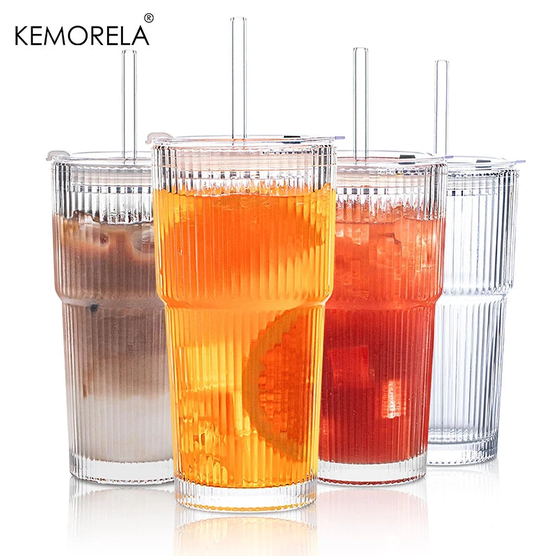 Ribbed 20 oz Glass Tumblers with Lids & Straws