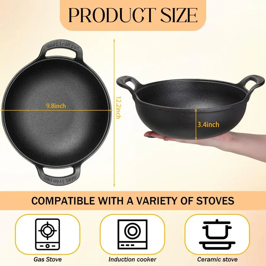 2 Sets Cast Iron Wok with Loop Handle