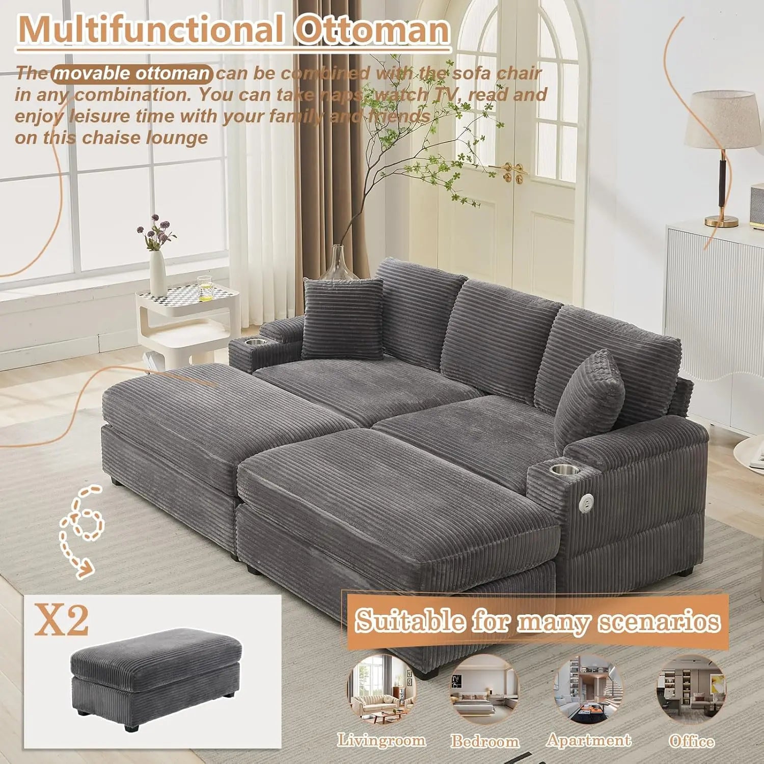 Oversized Double Chaise Lounge with Ottomans
