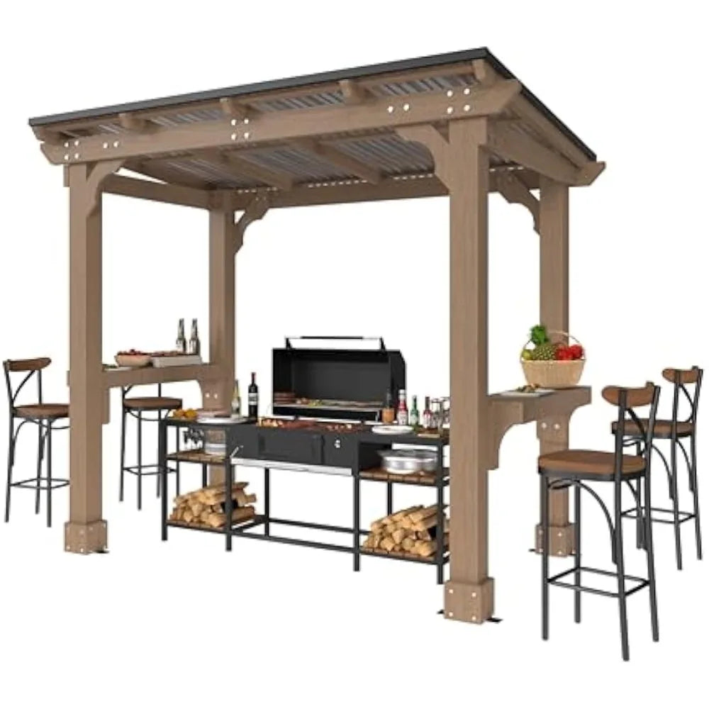 8' x 5' Wooden Grill Gazebo w / Sloping Metal Roof
