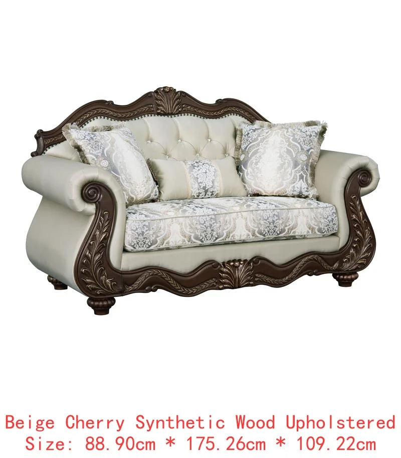 Beige Fabric Loveseat with Cherry Finish and 3 Pillows