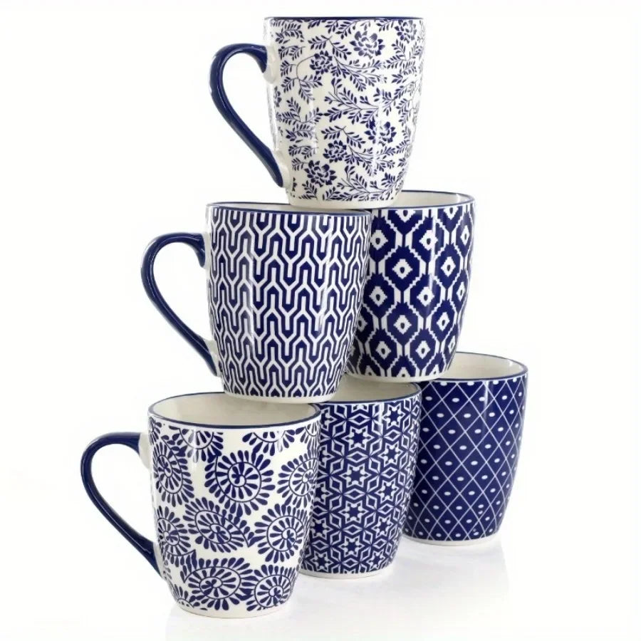 6-piece 12 oz blue and white ceramic mug set with comfortable handles for easy grip and a secure hold