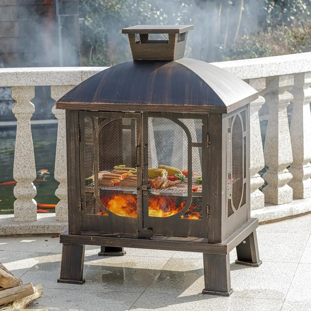 45" H×31''W Metal Chiminea Fire Pit with Grill