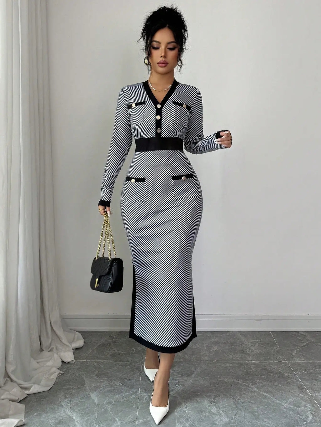 Striped V-Neck Knitted Mid Dress