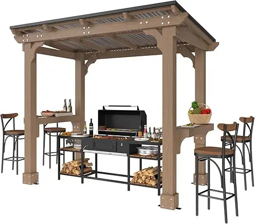 8' x 5' Wooden Grill Gazebo w / Sloping Metal Roof