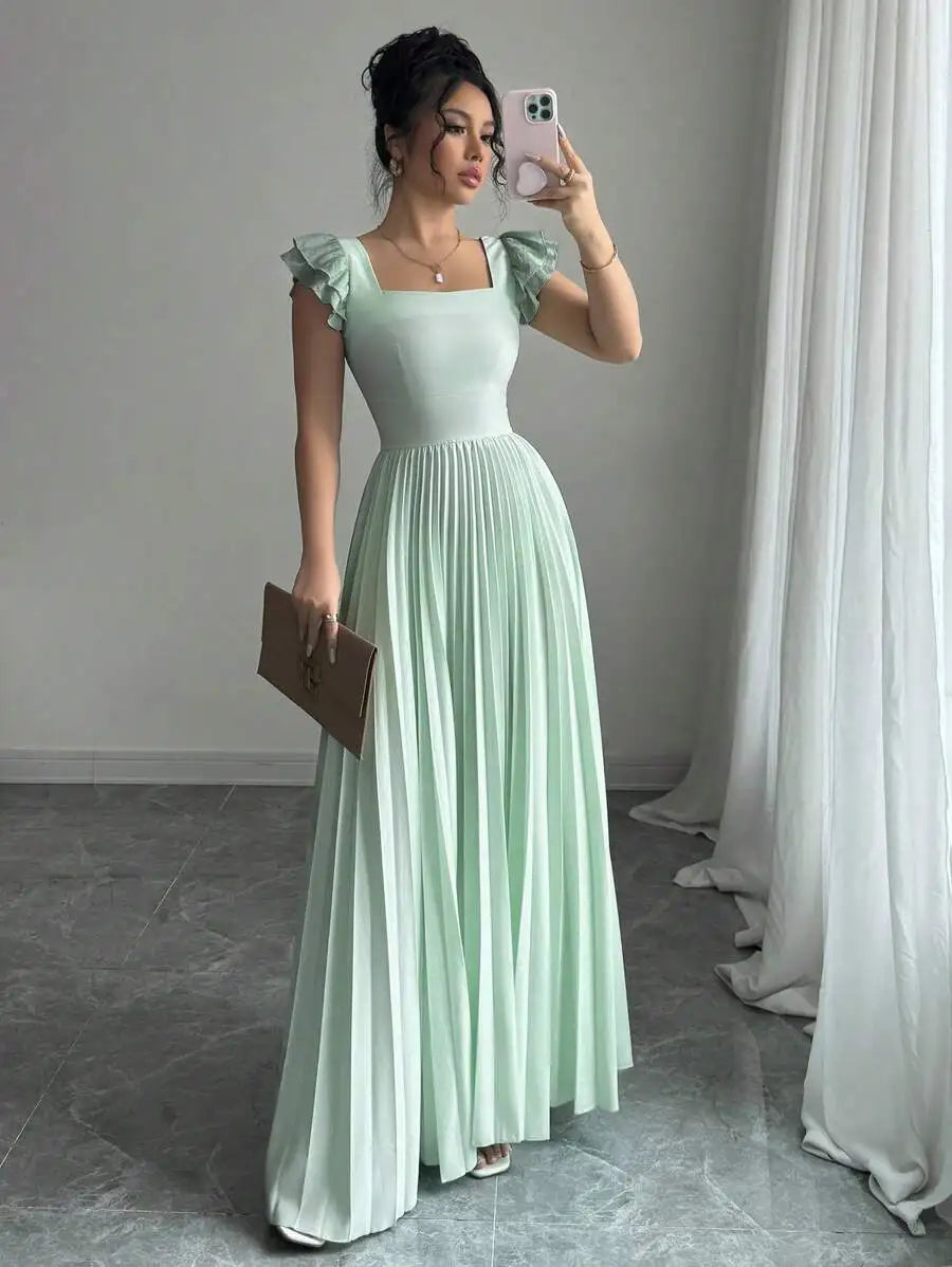 Ruffled Sleeve Pleated Maxi Dress