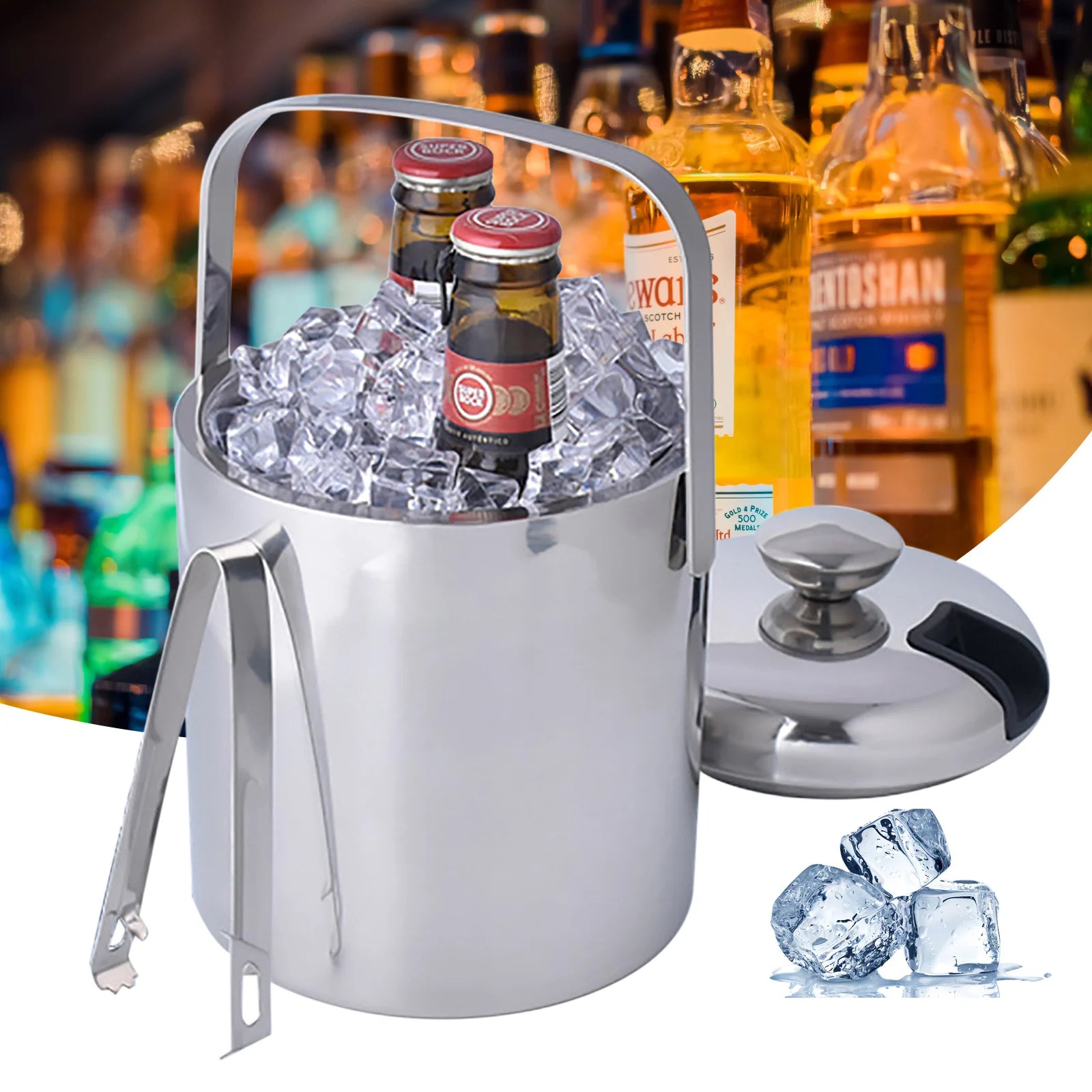 1.3L Double-Wall Insulated Ice Bucket Stainless Steel Ice Cube Beverage Container Silver with Ice Tongs and Lid