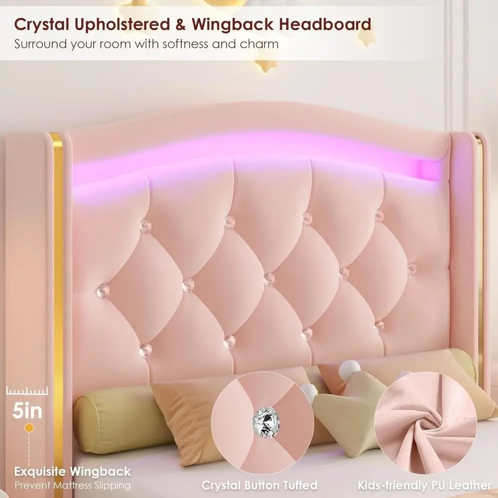 Twin Size Pink Velvet Upholstered Bed
