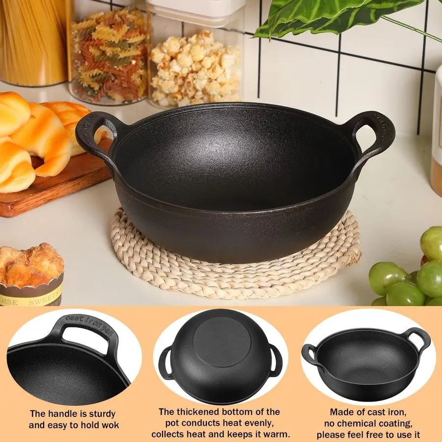 2 Sets Cast Iron Wok with Loop Handle