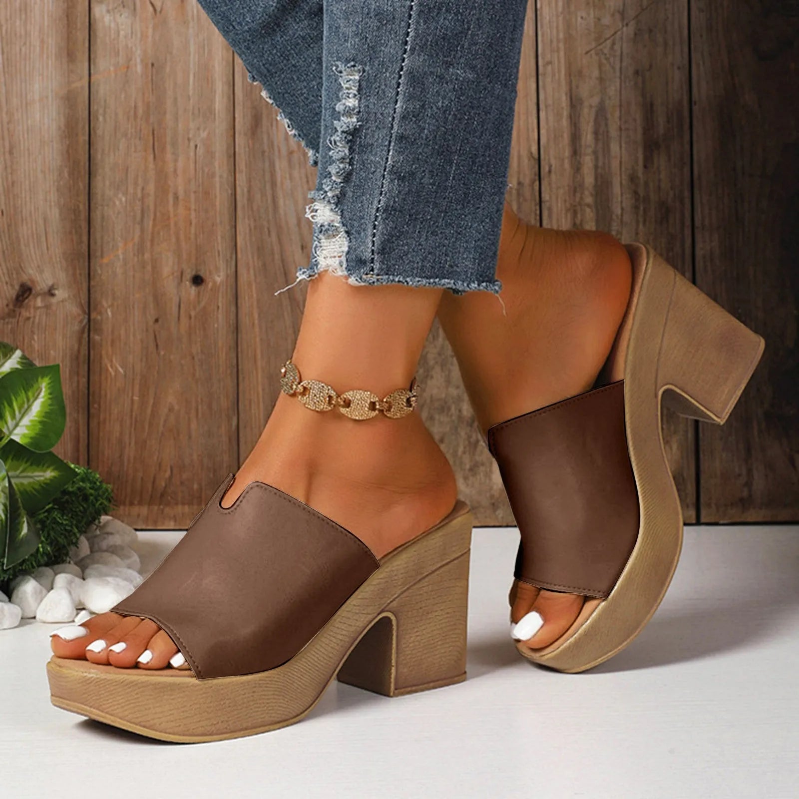 Leather Square Heel Sandals