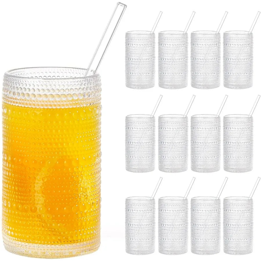 Embossed Clear 16 oz Drinking Glasses Set of 12