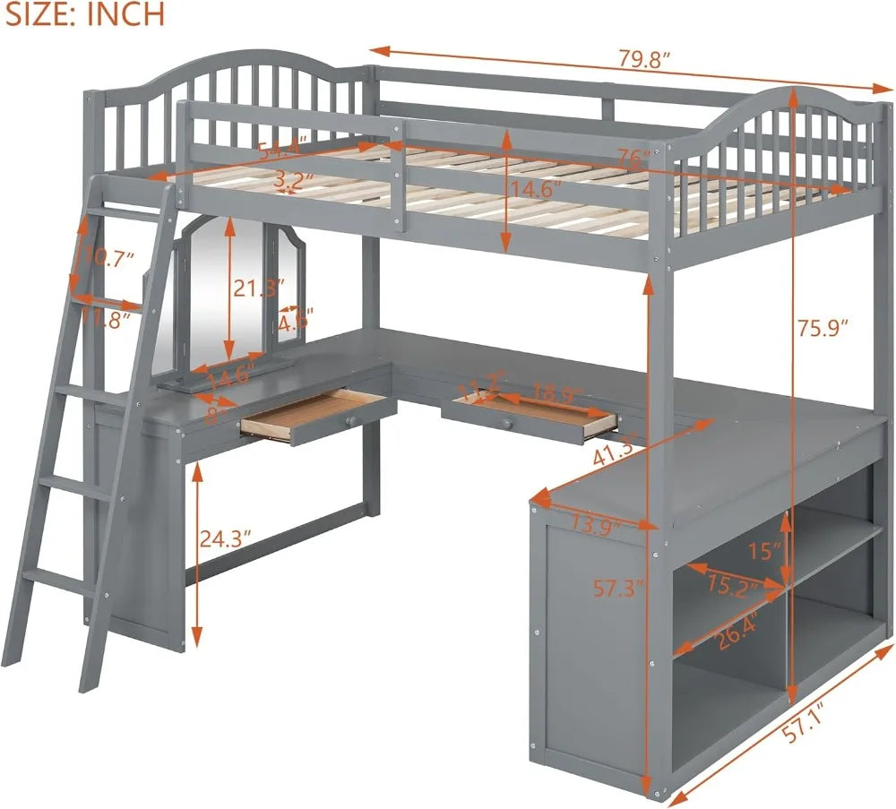 Full Size Loft Bed with U-Shaped Desk
