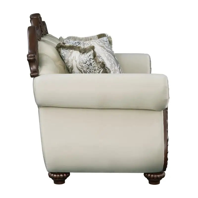 Beige Fabric Loveseat with Cherry Finish and 3 Pillows