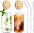 Glass 16 oz Cups with Bamboo Lids & Straws for Two