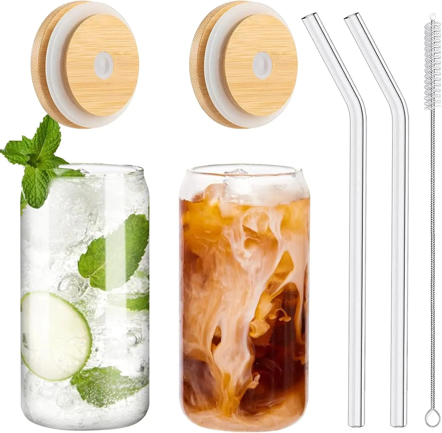Glass 16 oz Cups with Bamboo Lids & Straws for Two