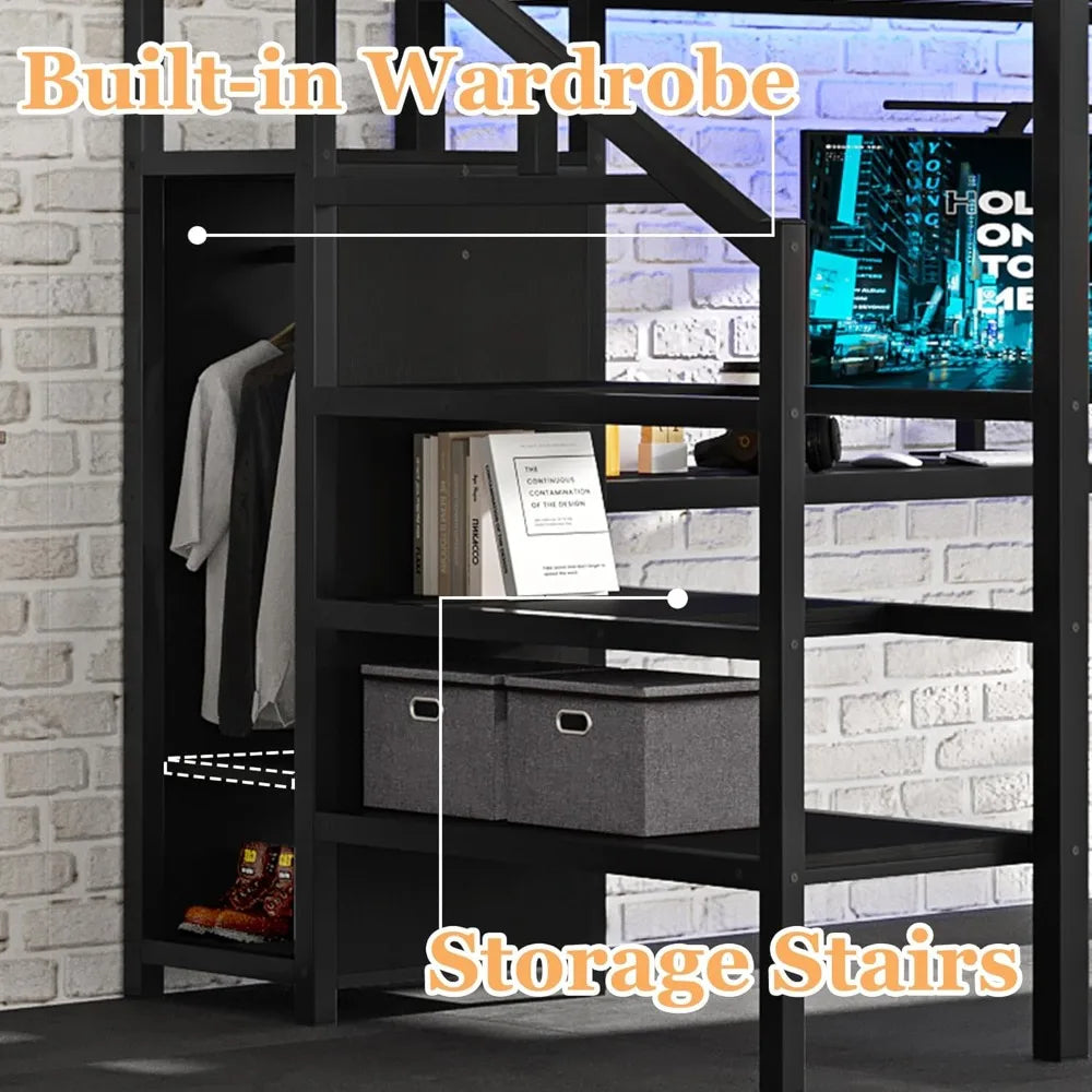 Full Size Metal Loft Bed with L-Shaped Desk