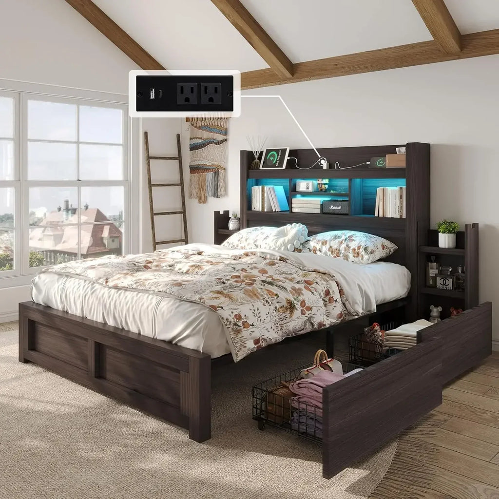 Queen Bed Frame with 49.6" Bookcase Headboard