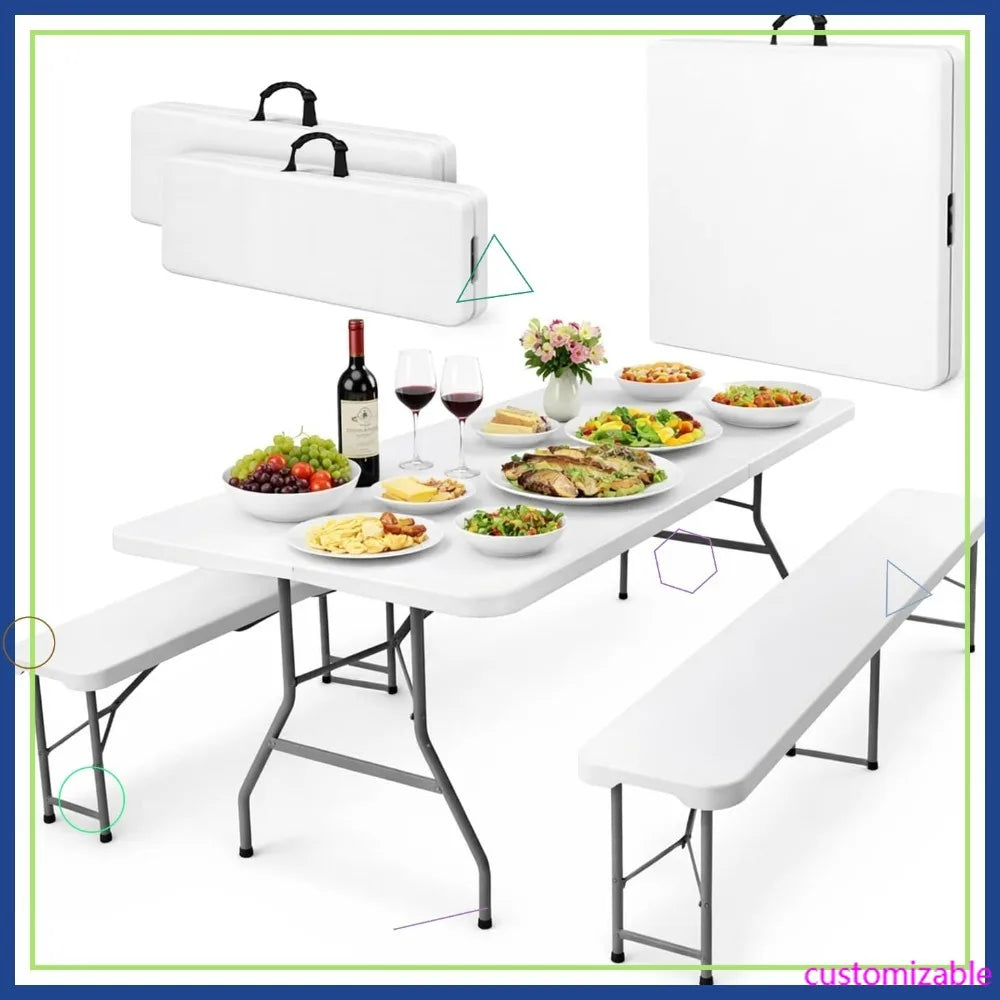 6 Ft White Folding Table Set with 2 Benches