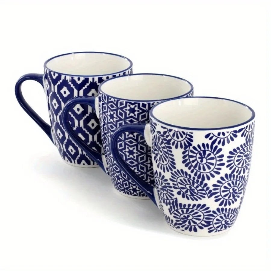6-piece 12 oz blue and white ceramic mug set with comfortable handles for easy grip and a secure hold