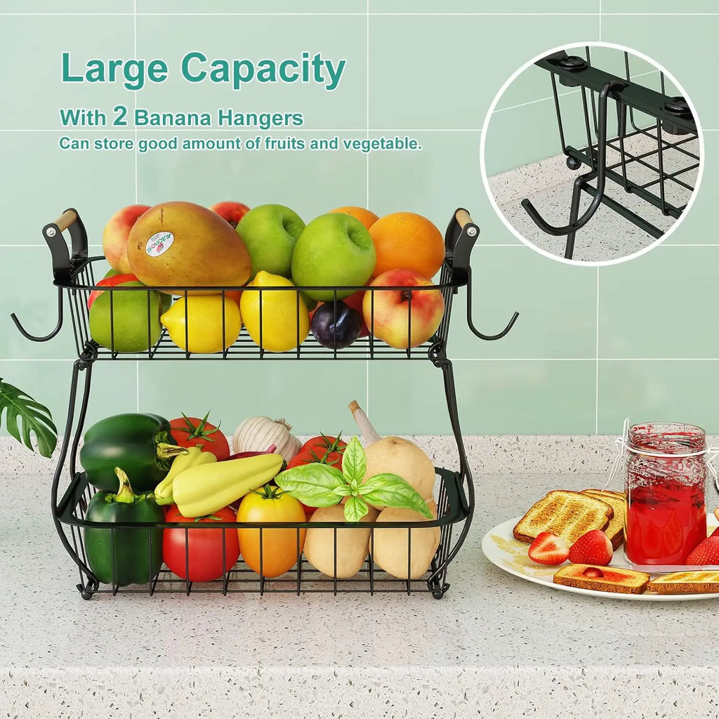 2-Tier Metal Wire Fruit Basket with Banana Hangers