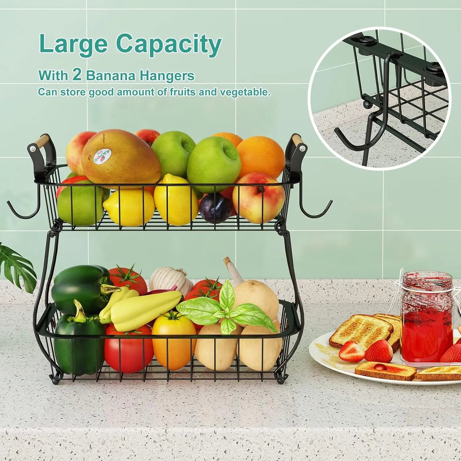 2-Tier Metal Wire Fruit Basket with Banana Hangers