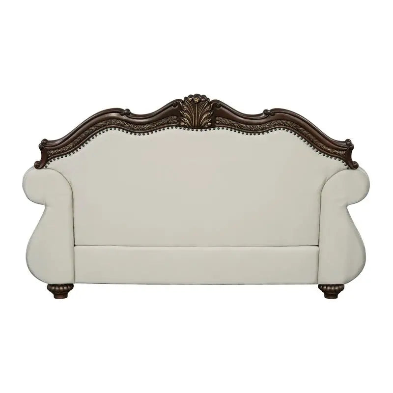 Beige Fabric Loveseat with Cherry Finish and 3 Pillows