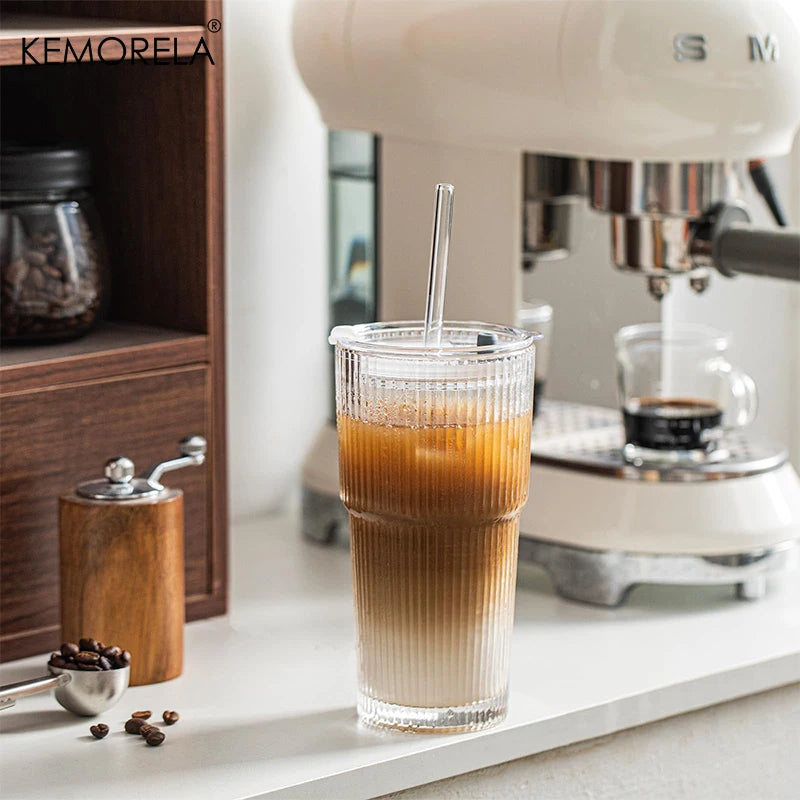 Ribbed 20 oz Glass Tumblers with Lids & Straws