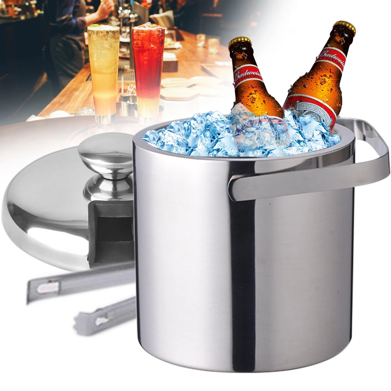 1.3L Double-Wall Insulated Ice Bucket Stainless Steel Ice Cube Beverage Container Silver with Ice Tongs and Lid