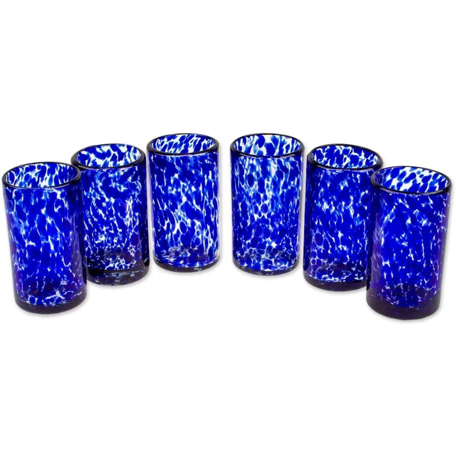 Hand Blown Blue Confetti Recycled Glass Juice Glasses 5 Oz