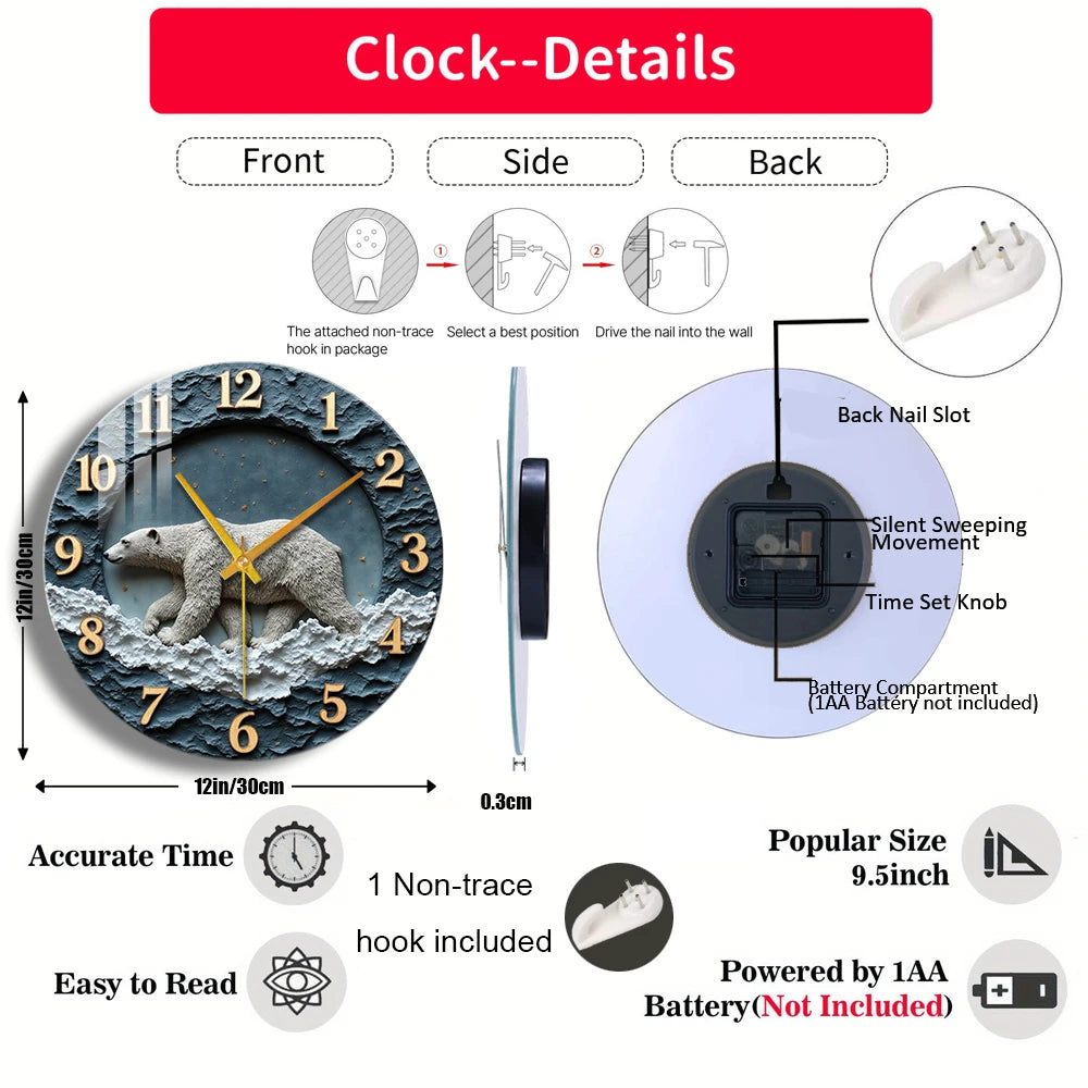 Tempered Glass Wall Clock Polar Bear