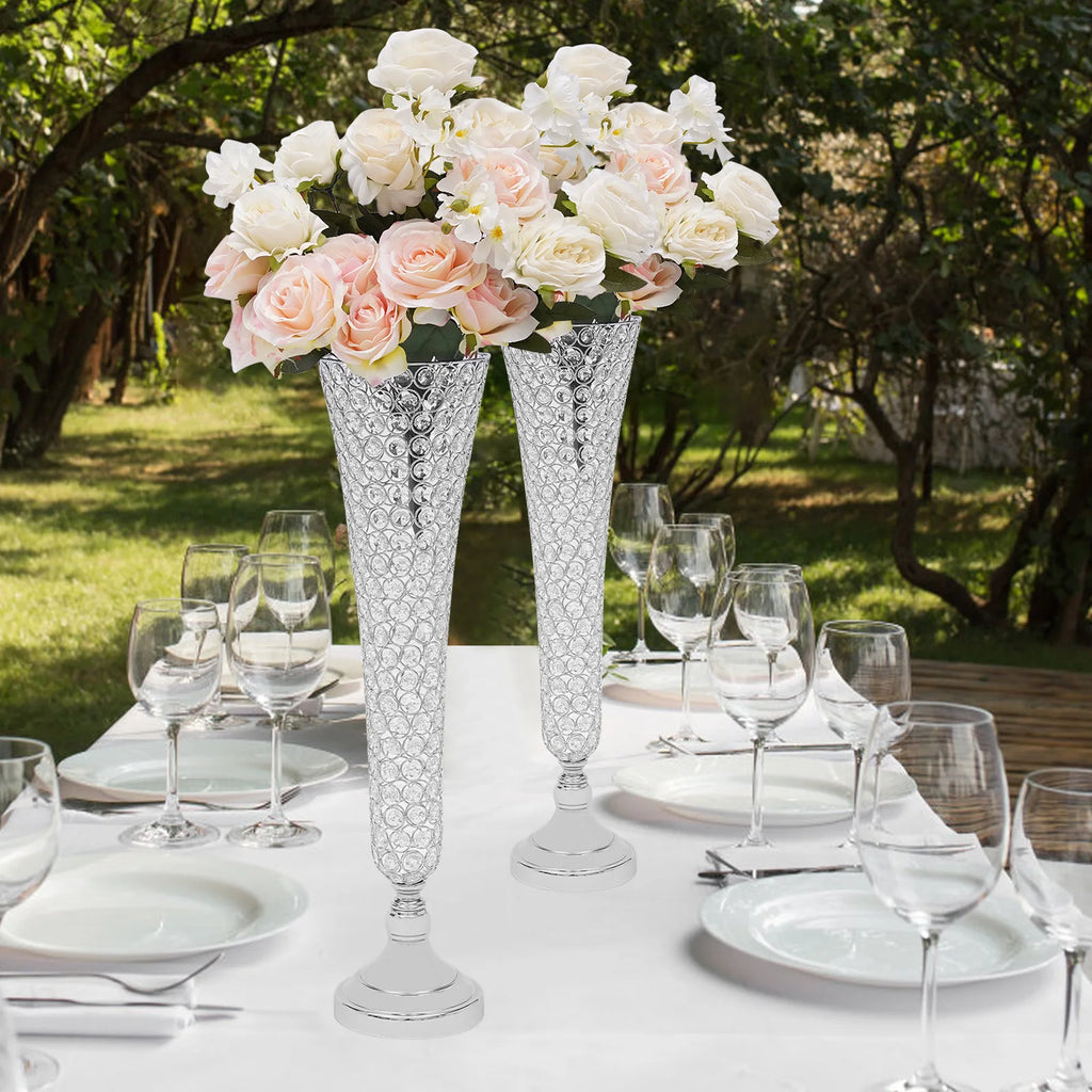 Tall Wedding Flower Vase Set w / Crystal Trumpet Design