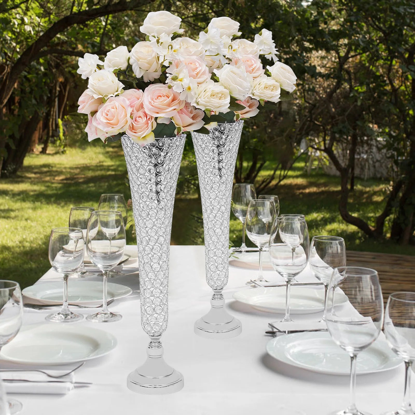 Tall Wedding Flower Vase Set w / Crystal Trumpet Design