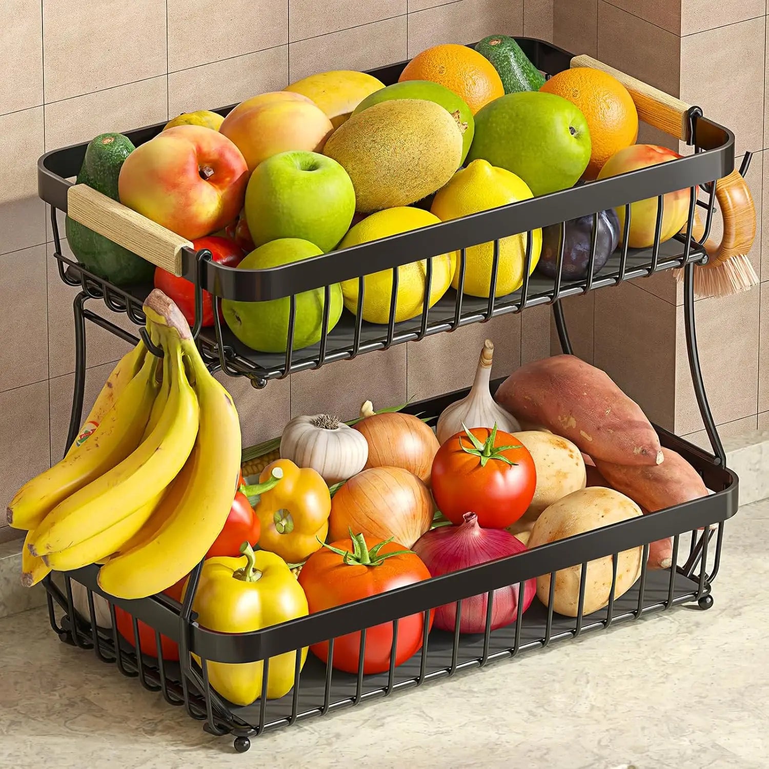 2-Tier Large Fruit Basket with Mobile Banana Hangers