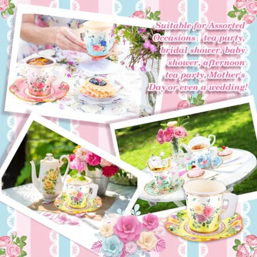Floral  Disposable Paper Tea Cups & Saucers 7 OZ