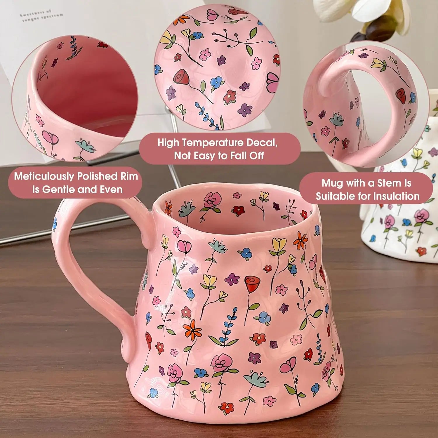 Large Ceramic Cute Flower  Handmade Coffee Mug 20oz