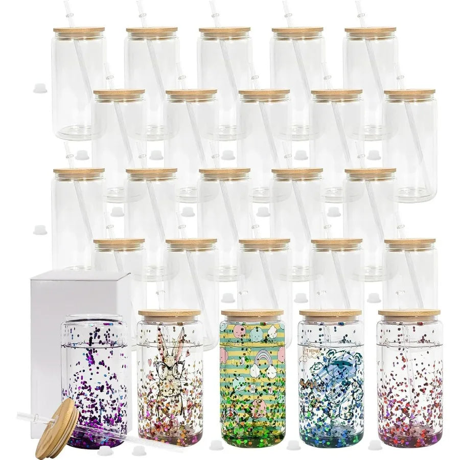 Double Walled 16 oz Cups 25 Pack with Bamboo Lids & Straws